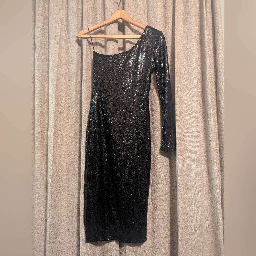 Black sequin one sleeve midi dress